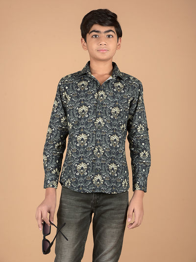 Olive Floral Print 100% Cotton Shirt