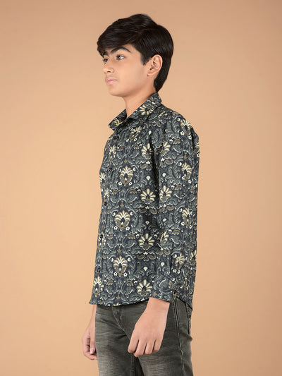 Olive Floral Print 100% Cotton Shirt