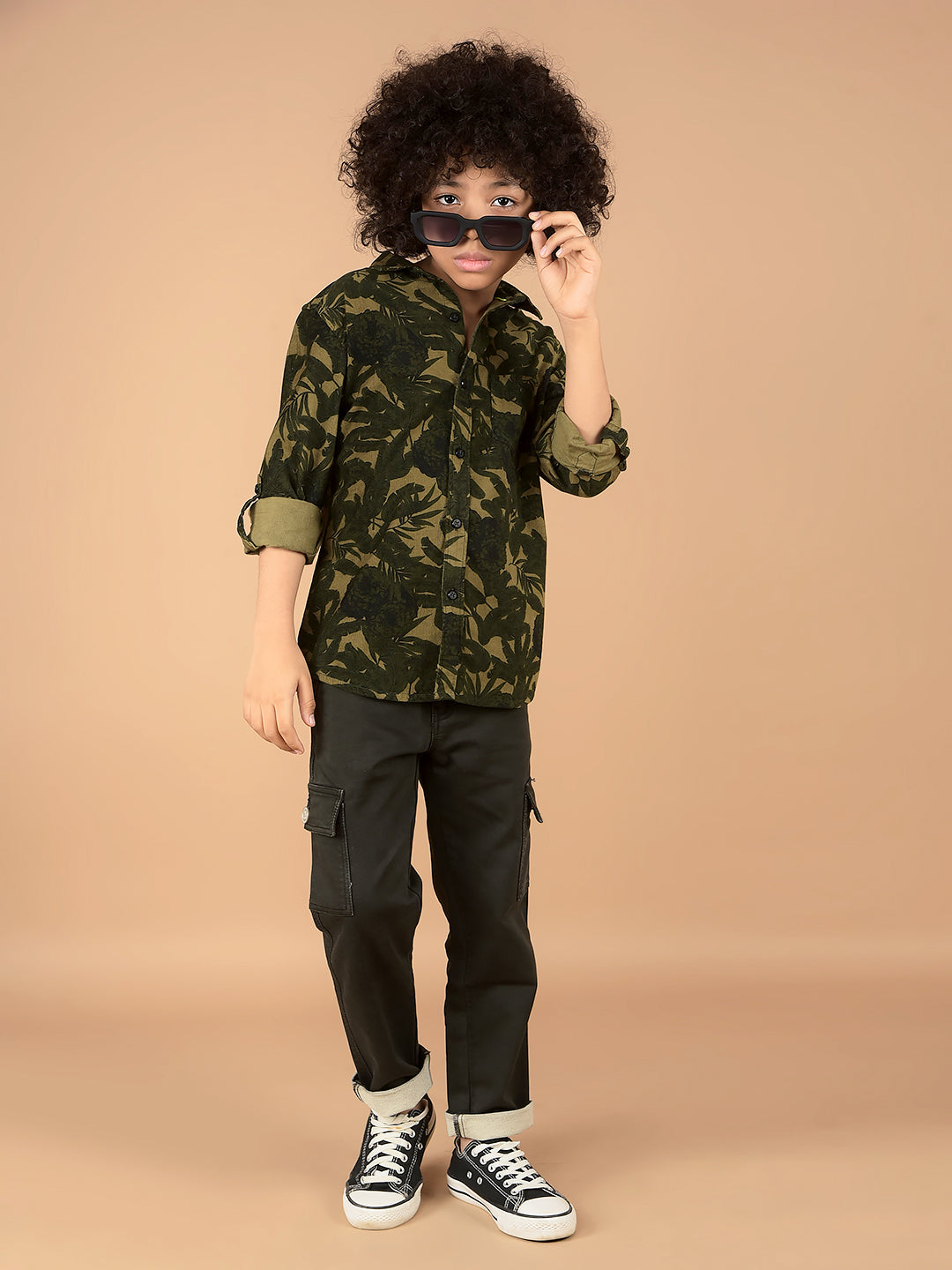 Olive Floral Print 100% Cotton Shirt-Boys Shirts-Crimsoune Club