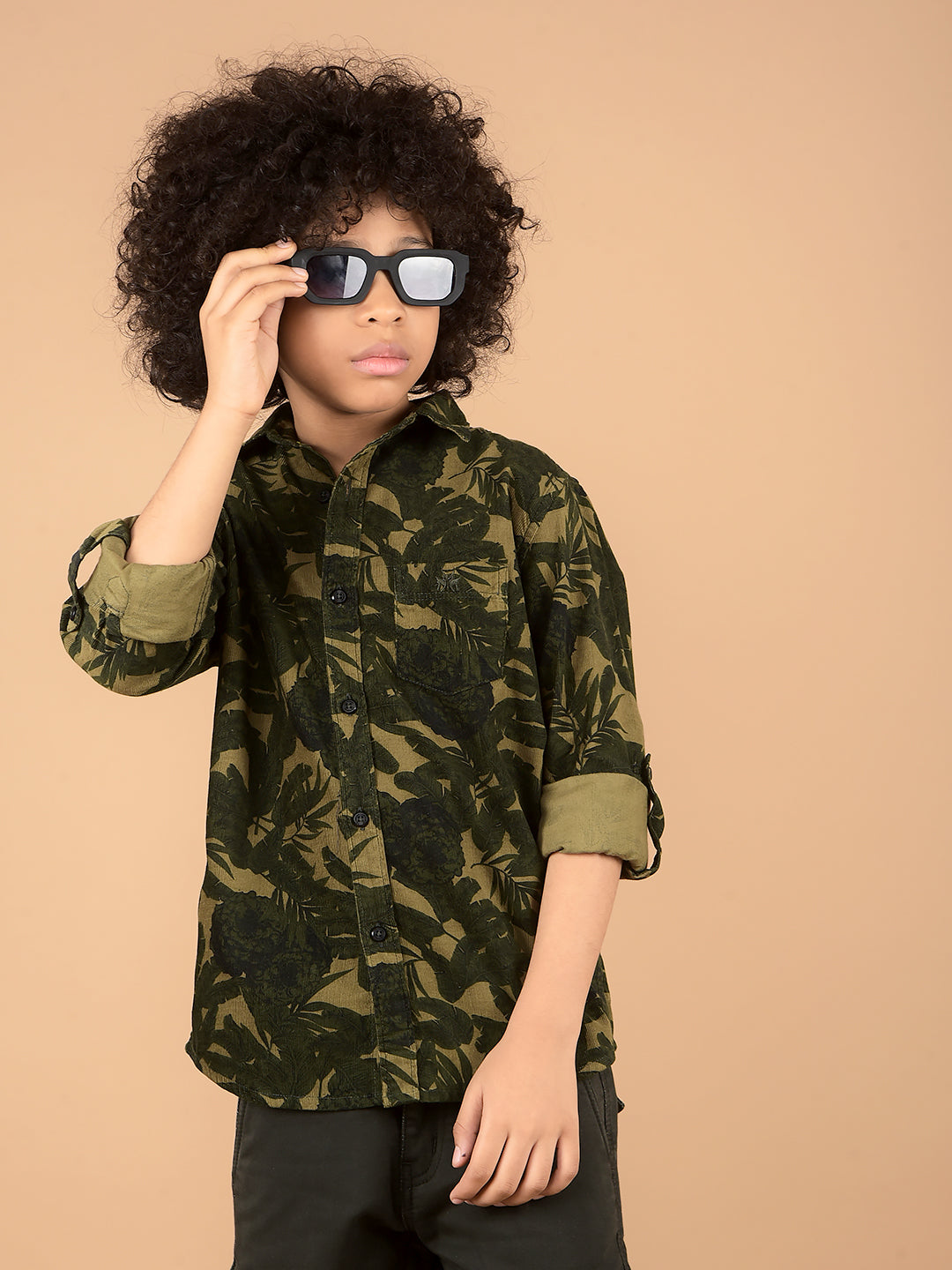 Olive Floral Print 100% Cotton Shirt-Boys Shirts-Crimsoune Club