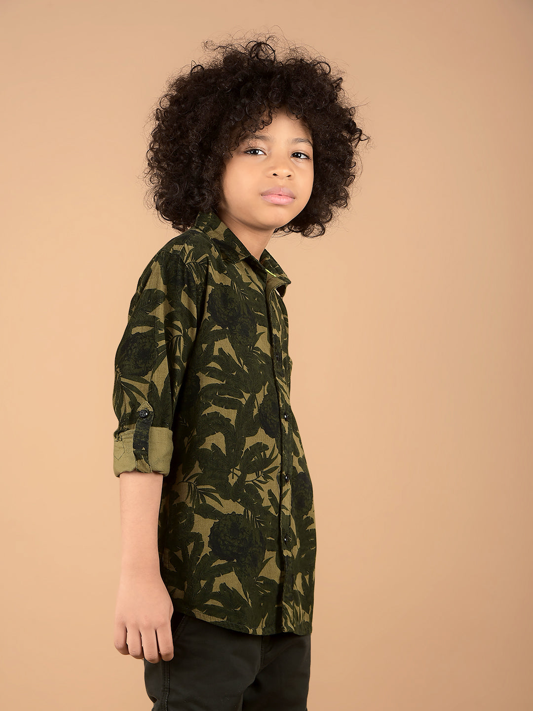 Olive Floral Print 100% Cotton Shirt-Boys Shirts-Crimsoune Club