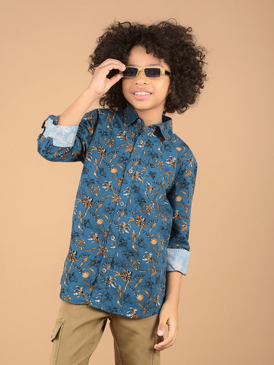 Blue Floral Print 100% Cotton Shirt