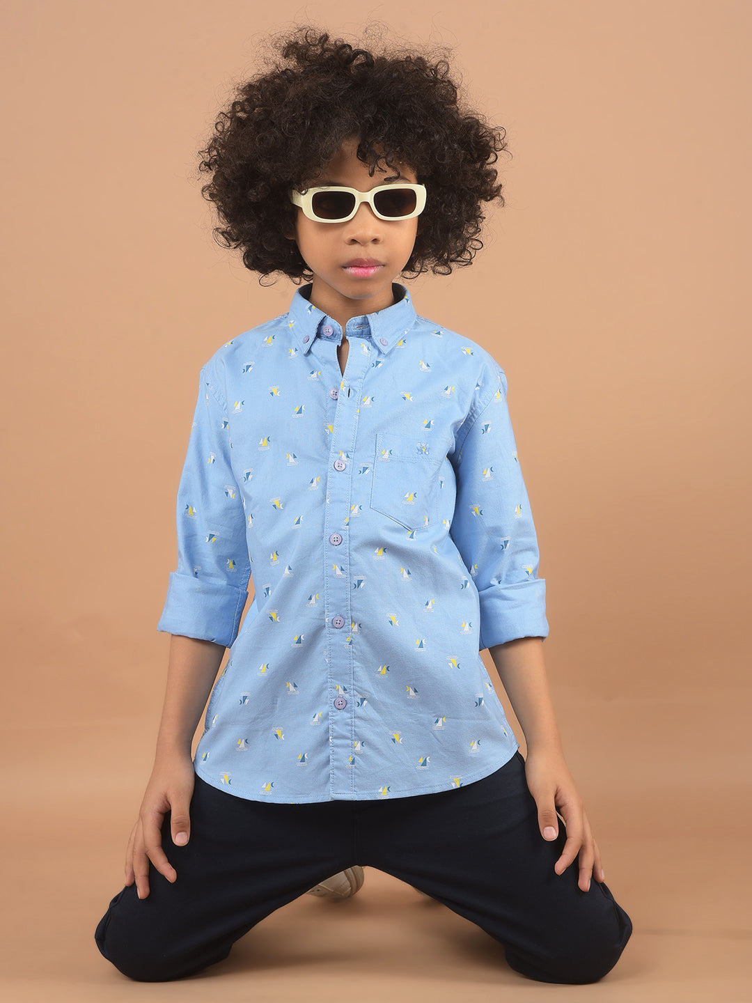 Blue Printed 100% Cotton Shirt-Boy Shirts-Crimsoune Club