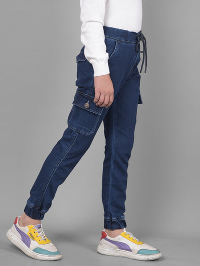 Navy Blue Denim Cargo Joggers-Boys Joggers-Crimsoune Club