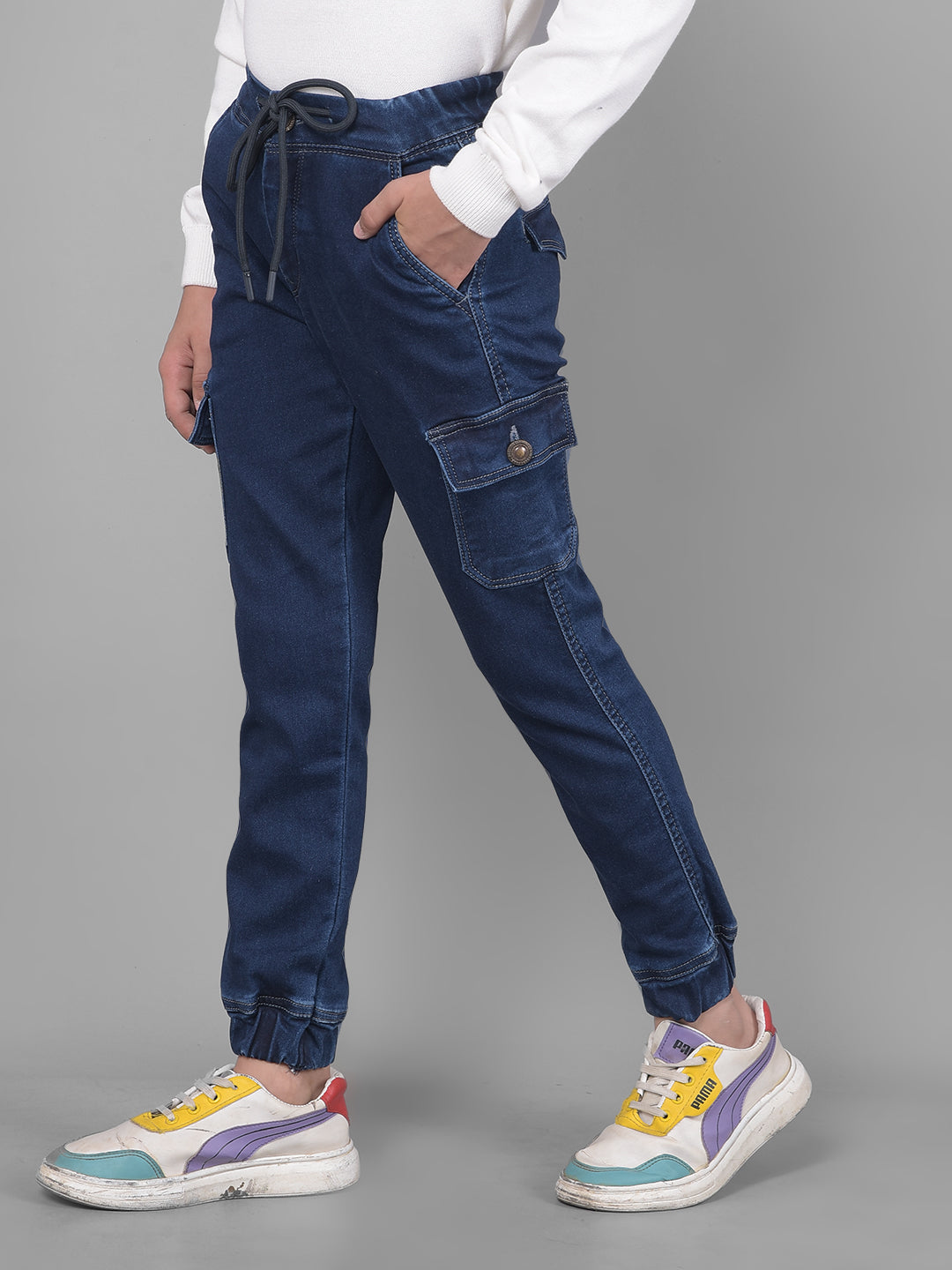 Navy Blue Denim Cargo Joggers-Boys Joggers-Crimsoune Club