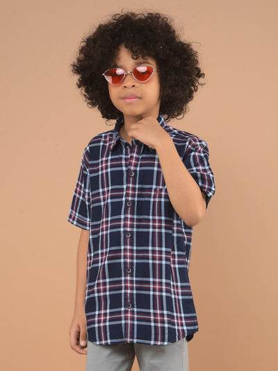 Navy Blue Checked 100% Cotton Shirt-Boy Shirts-Crimsoune Club