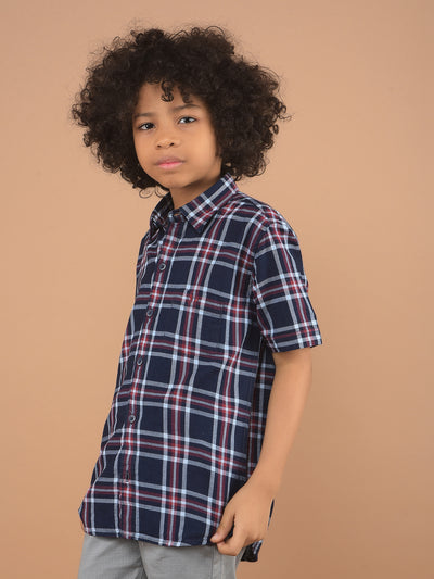 Navy Blue Checked 100% Cotton Shirt-Boy Shirts-Crimsoune Club