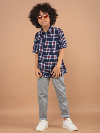 Navy Blue Checked 100% Cotton Shirt-Boy Shirts-Crimsoune Club