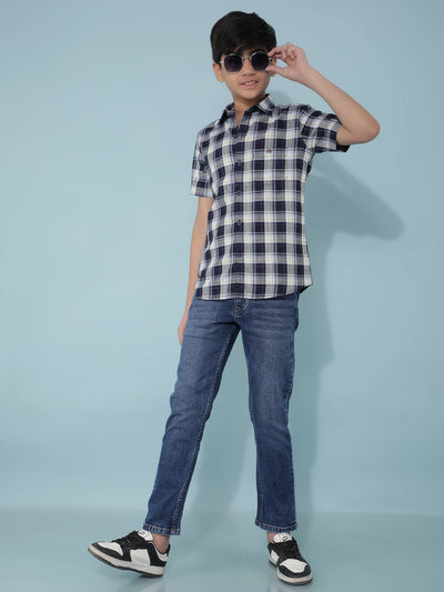 Navy Blue 100% Cotton Checked Shirt-Boys Shirts-Crimsoune Club