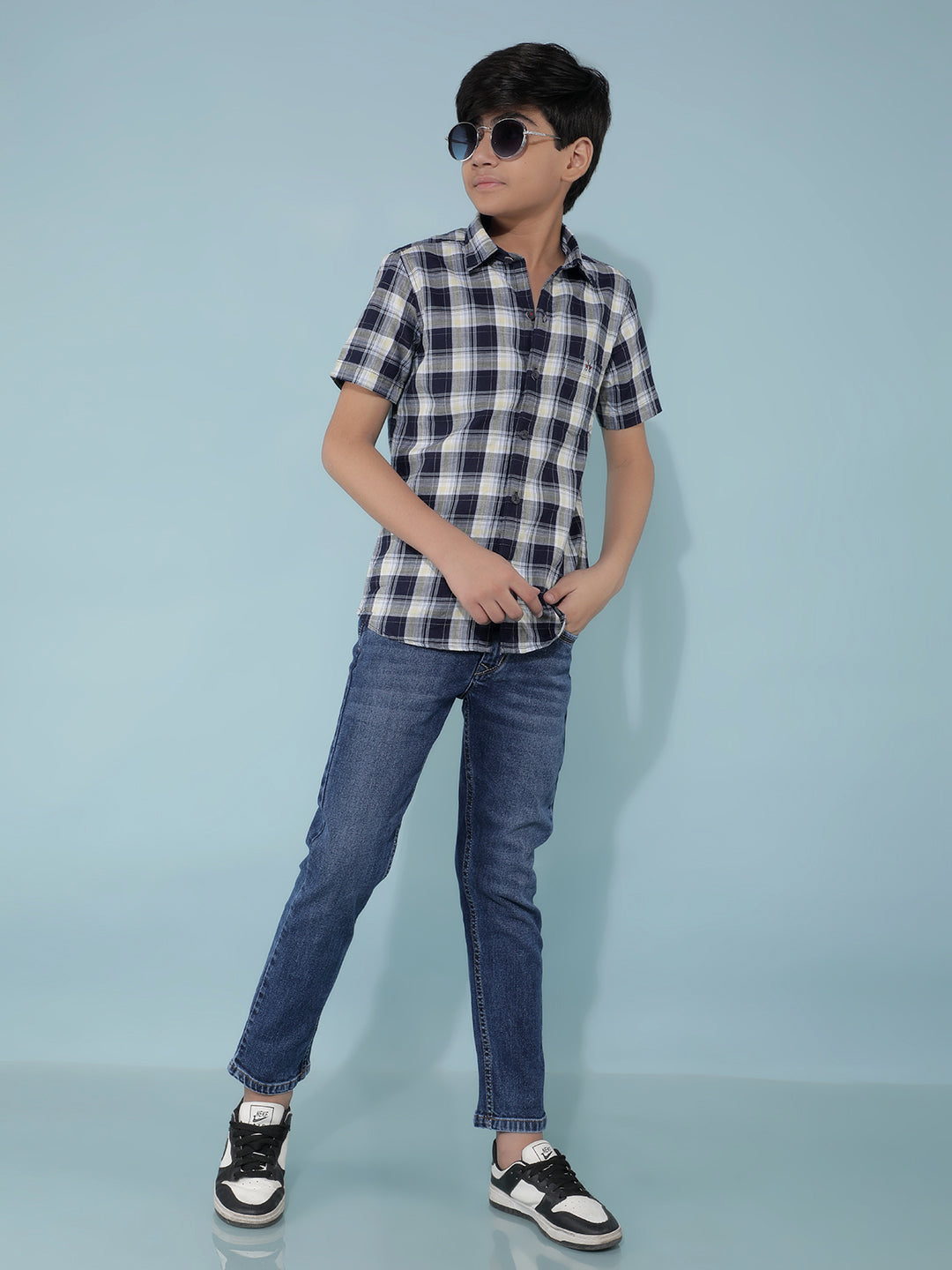 Navy Blue 100% Cotton Checked Shirt-Boys Shirts-Crimsoune Club