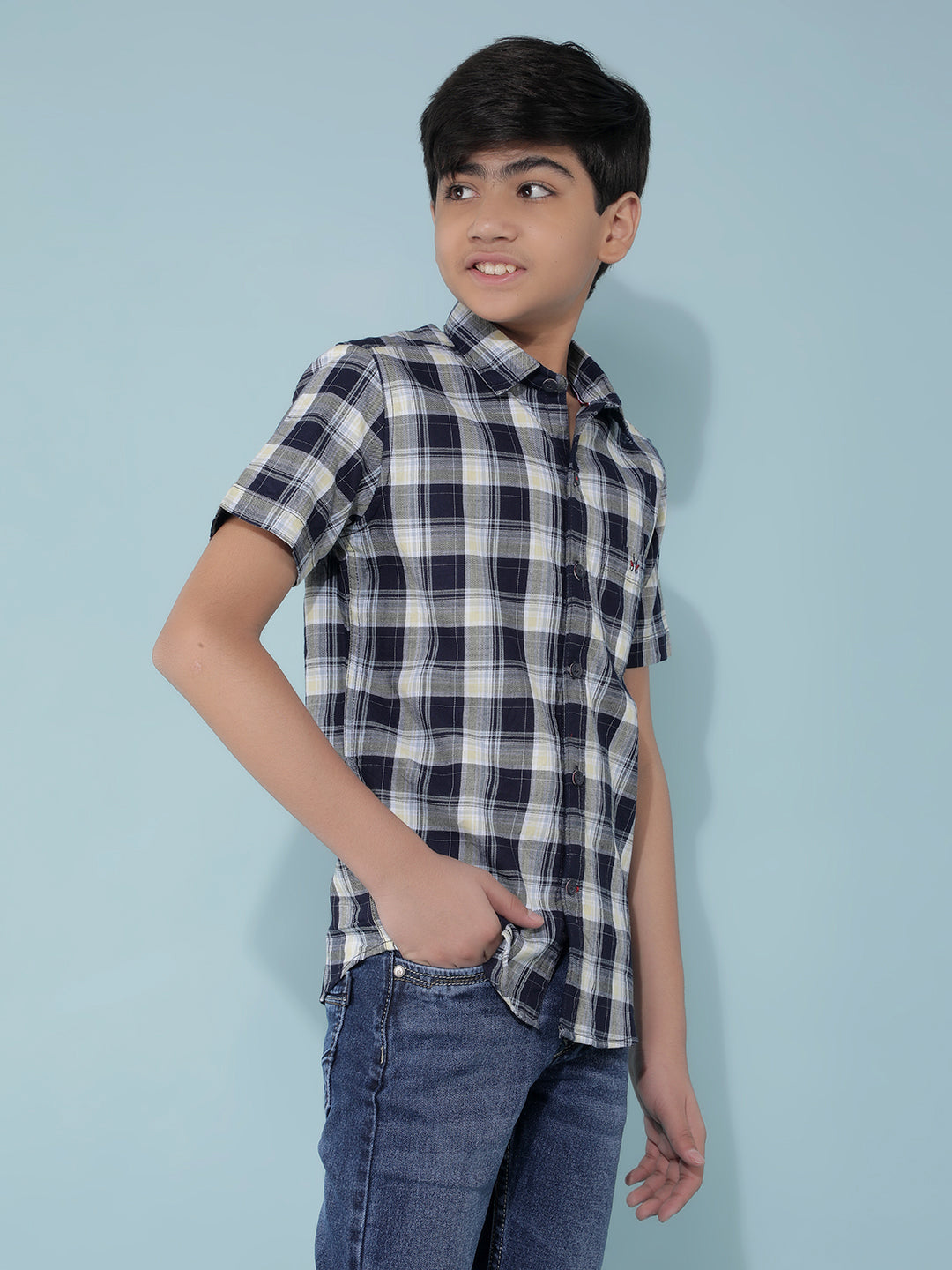 Navy Blue 100% Cotton Checked Shirt-Boys Shirts-Crimsoune Club