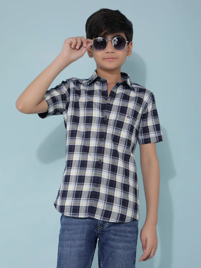 Navy Blue 100% Cotton Checked Shirt-Boys Shirts-Crimsoune Club