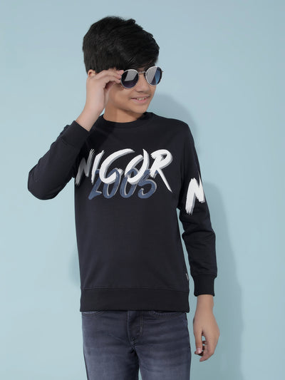 Navy Blue Typographic Print Cotton Sweatshirt-Boys Sweatshirts-Crimsoune Club