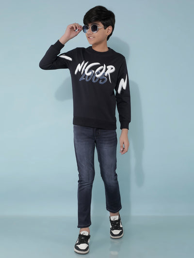 Navy Blue Typographic Print Cotton Sweatshirt-Boys Sweatshirts-Crimsoune Club