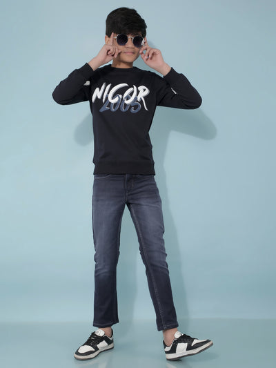 Navy Blue Typographic Print Cotton Sweatshirt-Boys Sweatshirts-Crimsoune Club