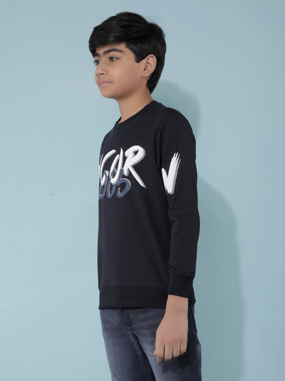 Navy Blue Typographic Print Cotton Sweatshirt-Boys Sweatshirts-Crimsoune Club