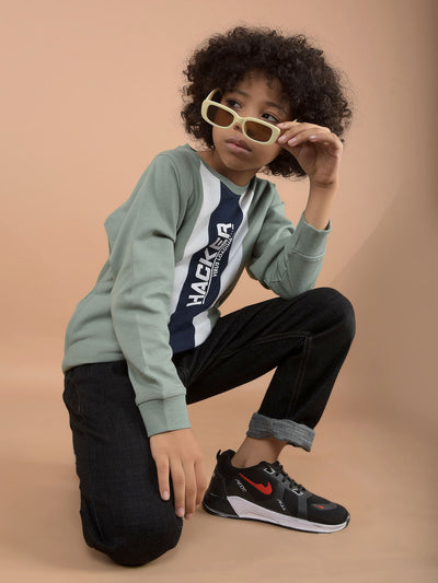 Green Typographic Print Sweatshirt-Boys Sweatshirts-Crimsoune Club