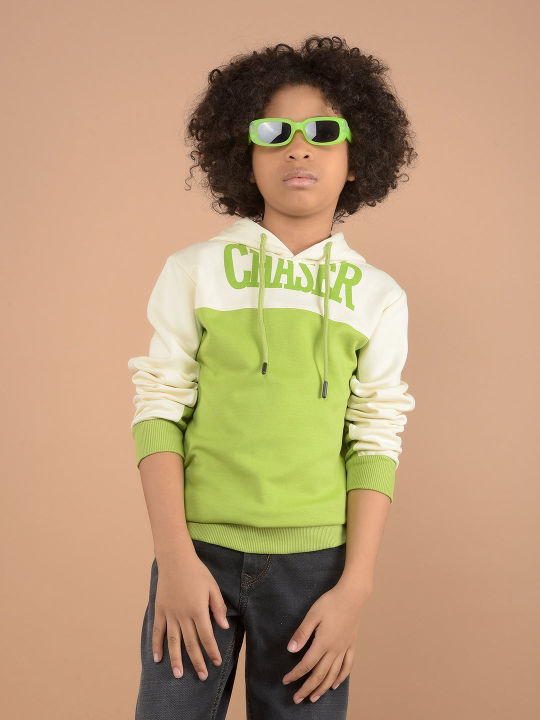 Green Color-Block Hooded Neck Sweatshirt-Boys Sweatshirts-Crimsoune Club