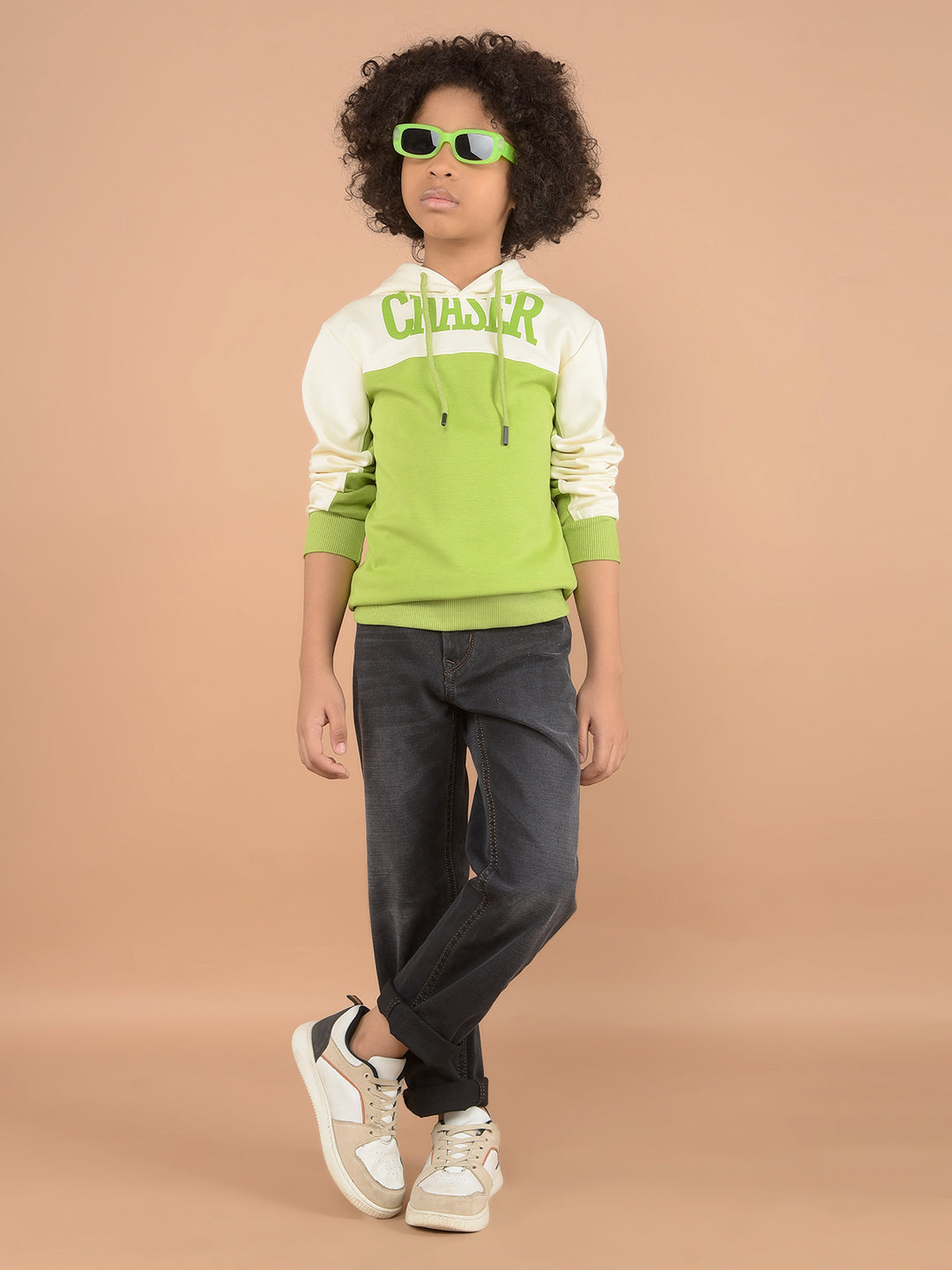 Green Color-Block Hooded Neck Sweatshirt-Boys Sweatshirts-Crimsoune Club