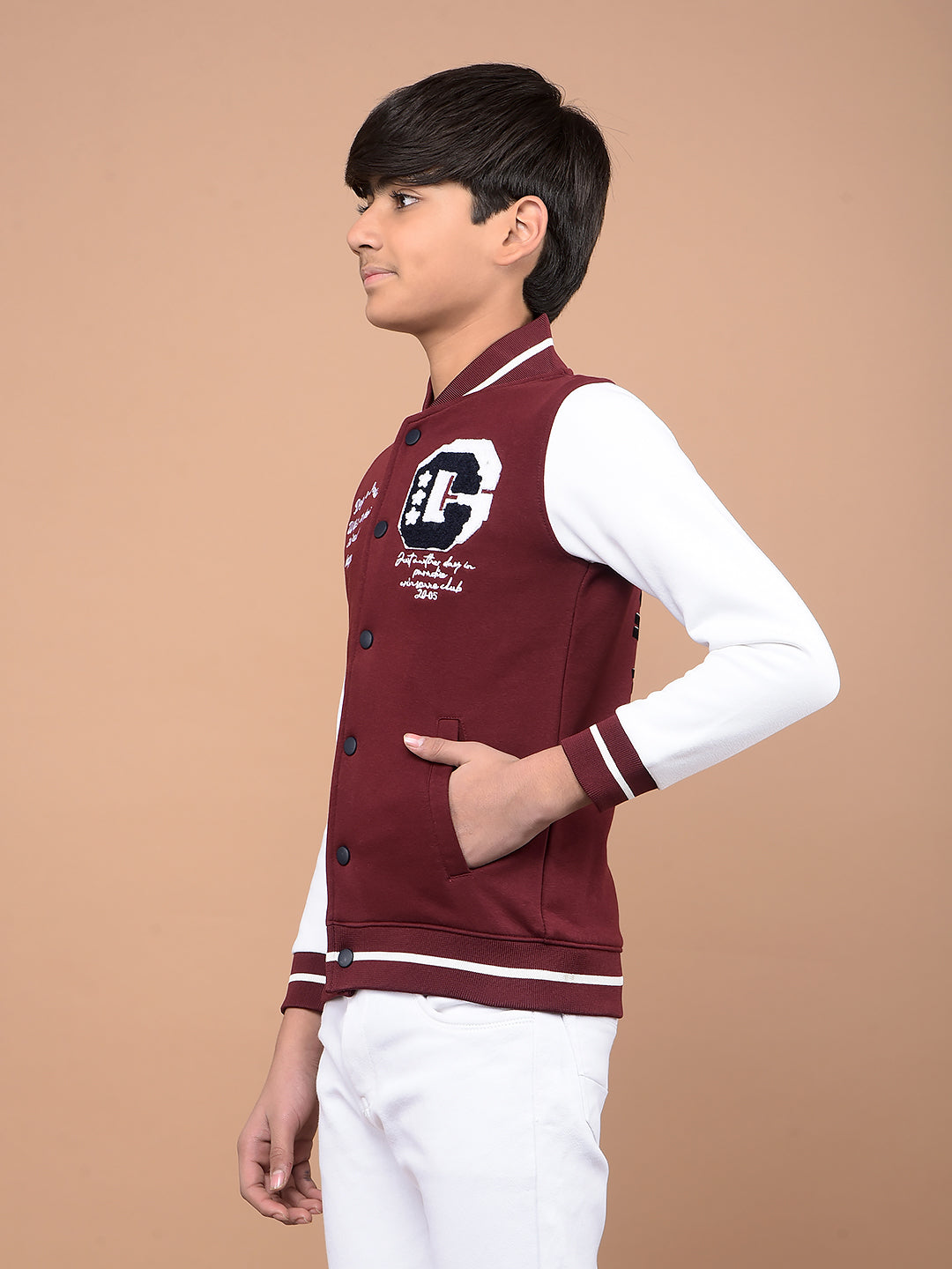 Wine Color Blocked Varsity Jacket