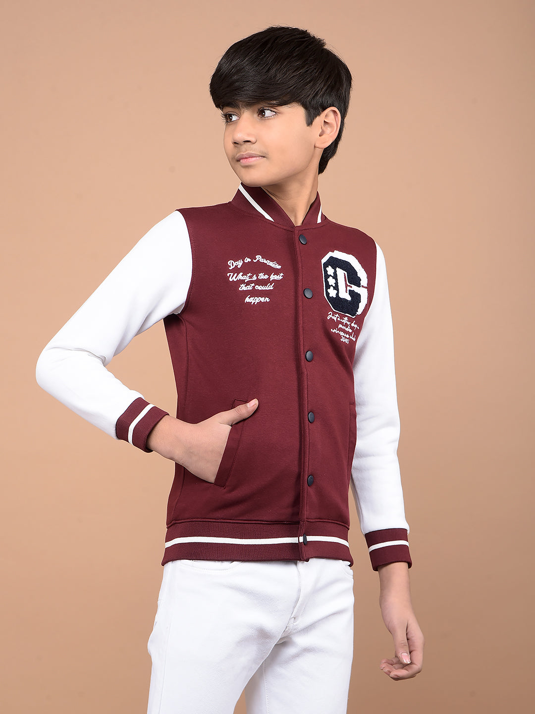 Wine Color Blocked Varsity Jacket