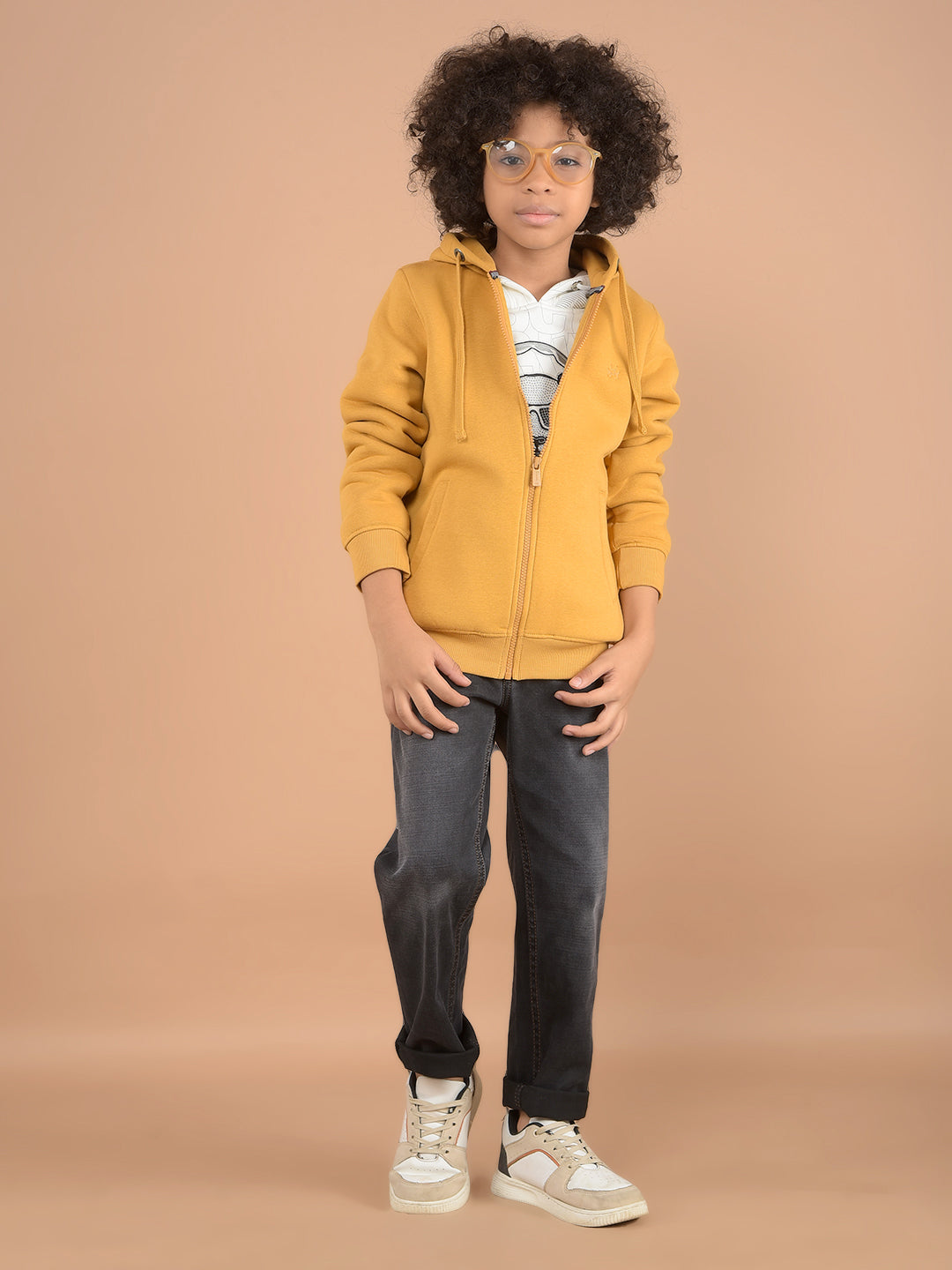 Mustard Hooded Neck Sweatshirt-Boys Sweatshirts-Crimsoune Club