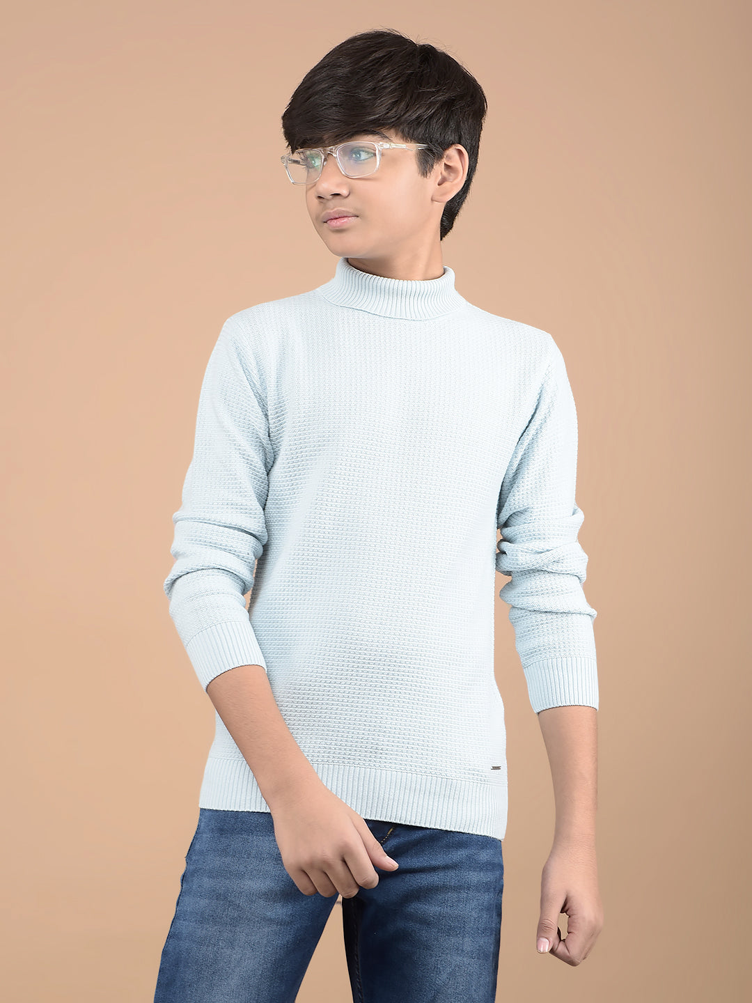 Blue High Neck 100% Cotton Sweater