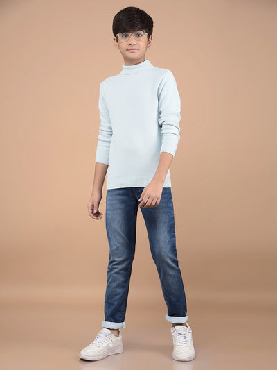 Blue High Neck 100% Cotton Sweater