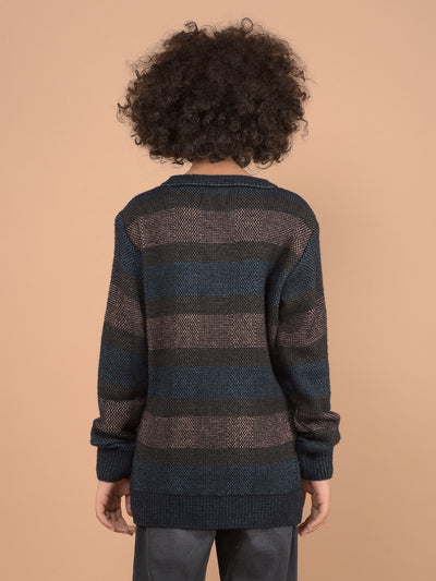 Brown Horizontal Striped Sweater-Boys Sweaters-Crimsoune Club