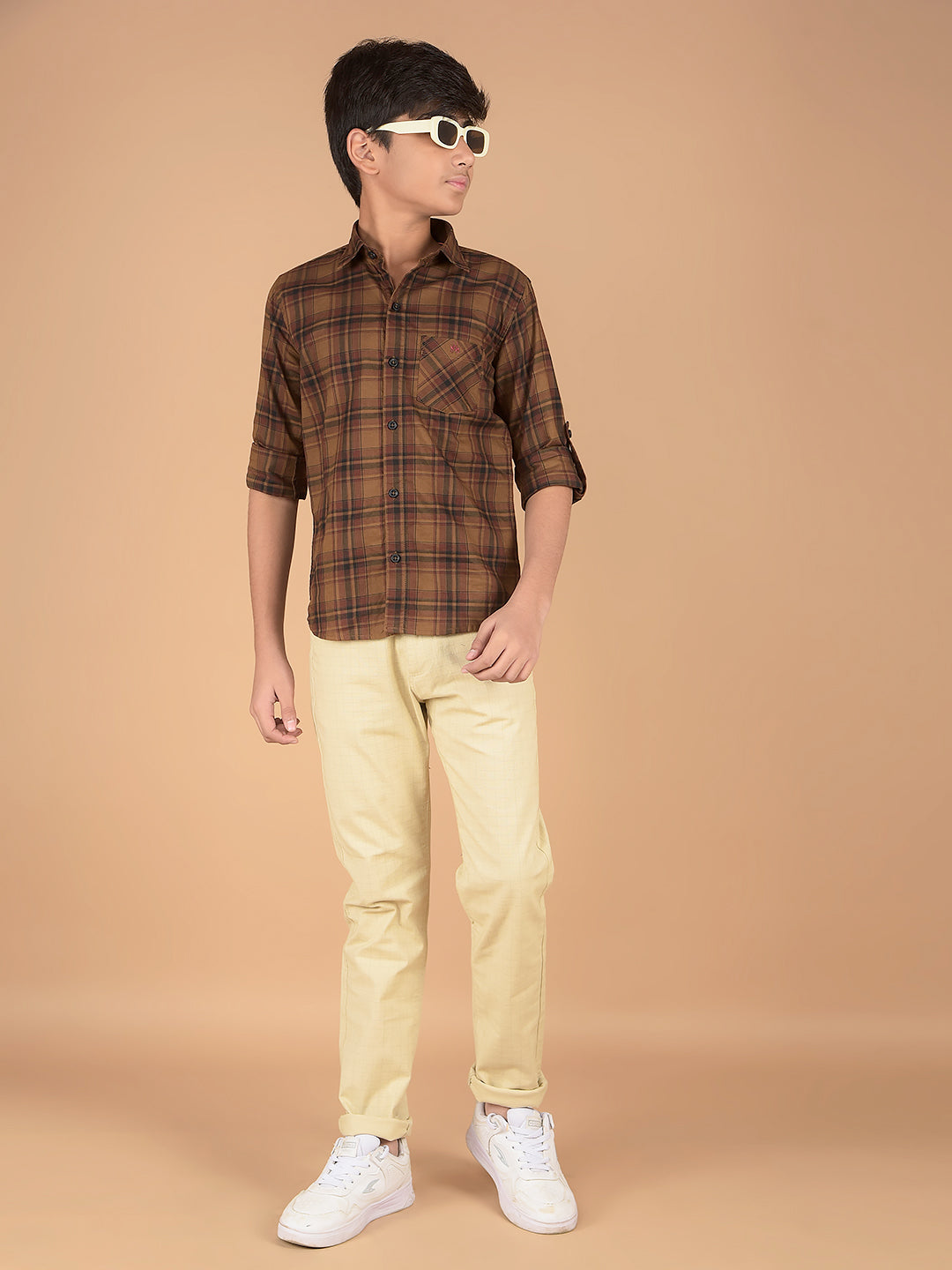 Beige Checked Cotton Chinos