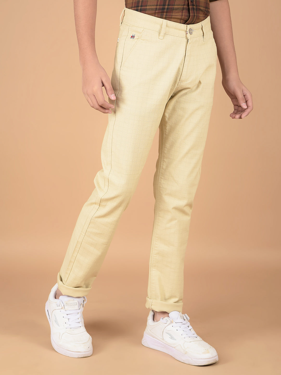 Beige Checked Cotton Chinos