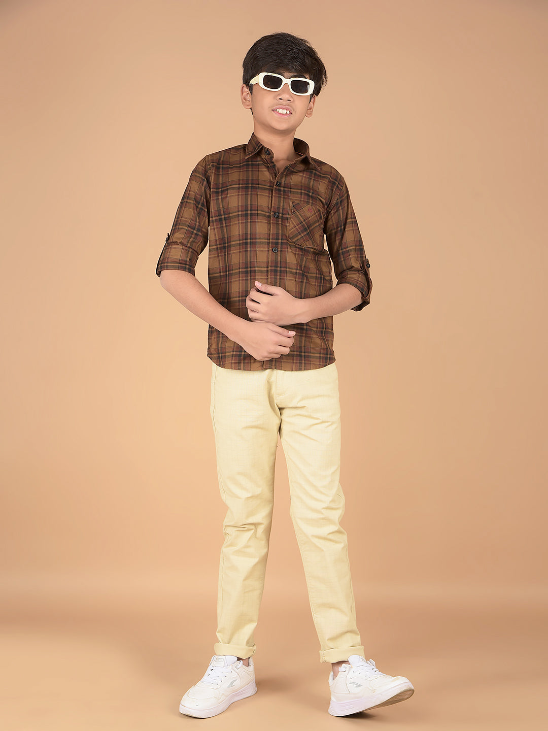 Beige Checked Cotton Chinos