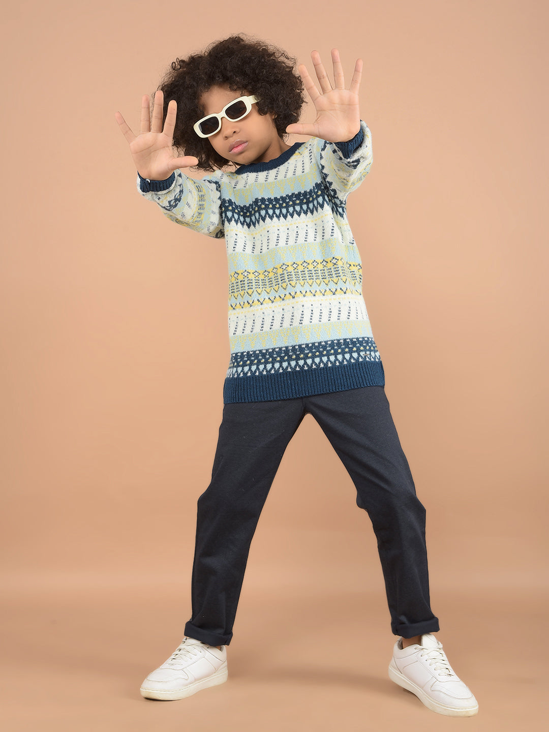 Navy Blue Printed Cotton Trousers-Boys Trousers-Crimsoune Club