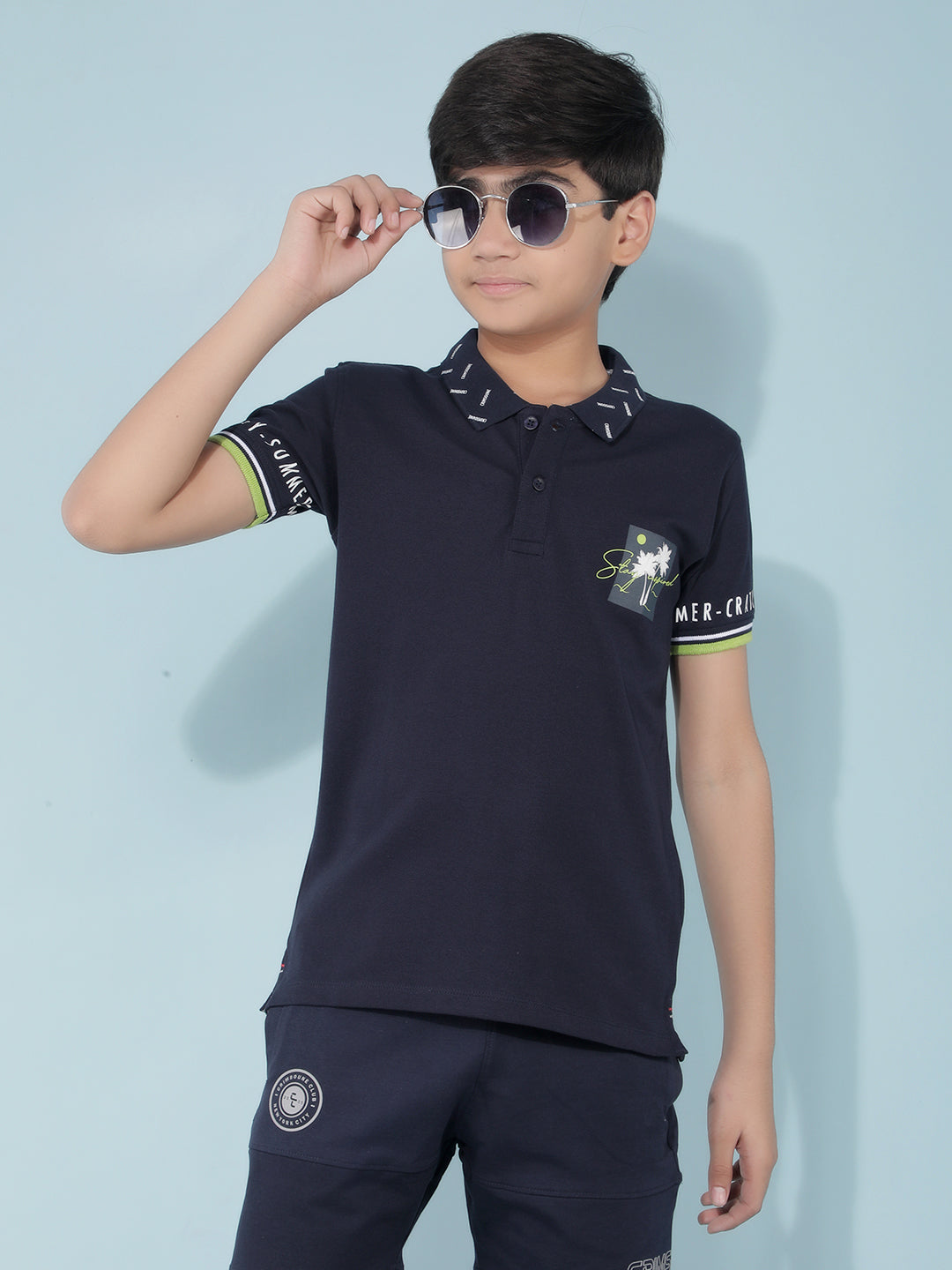 Navy Blue Graphic Print Polo T-Shirt-Boys T-Shirts-Crimsoune Club