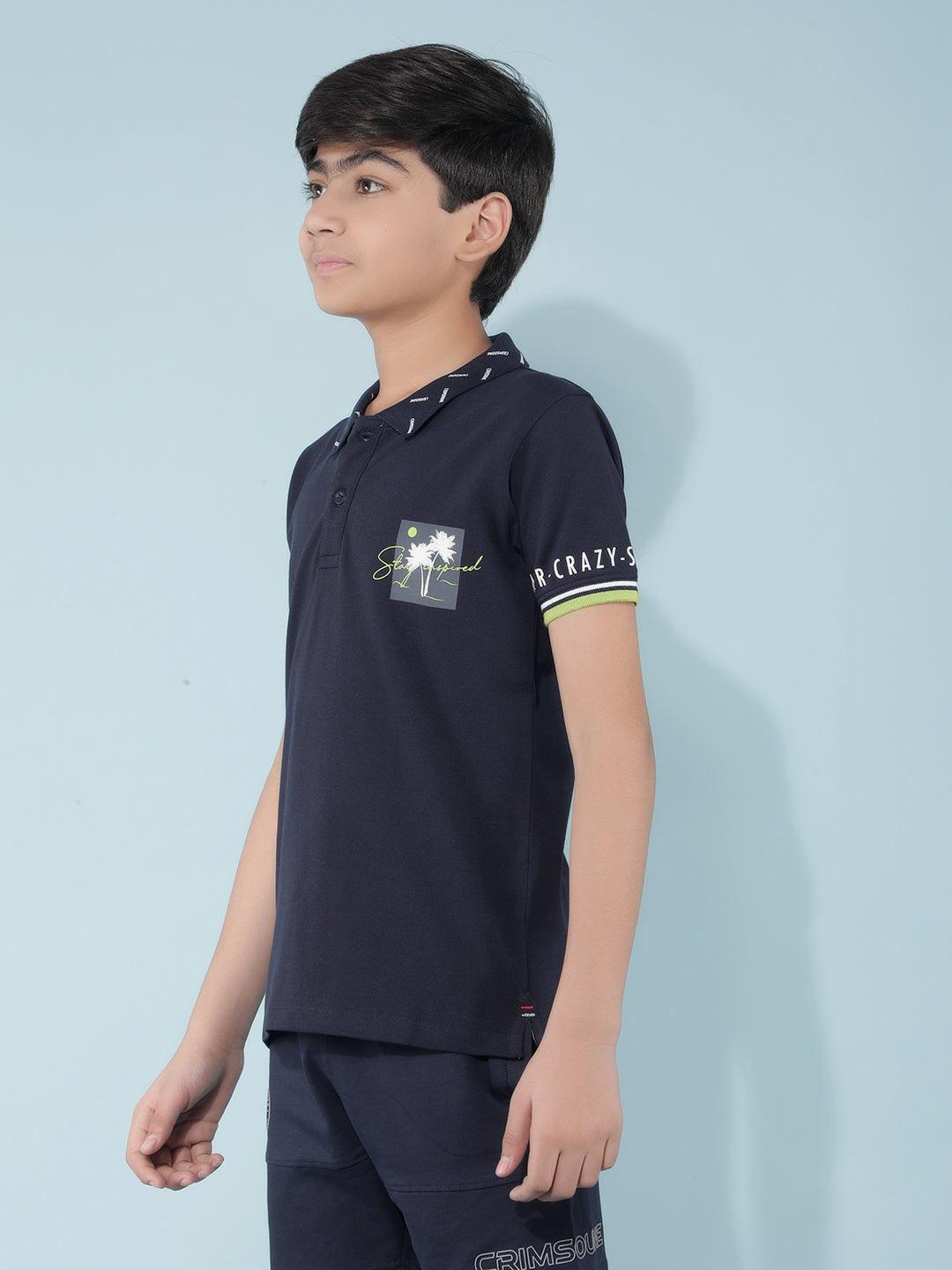 Navy Blue Graphic Print Polo T-Shirt-Boys T-Shirts-Crimsoune Club