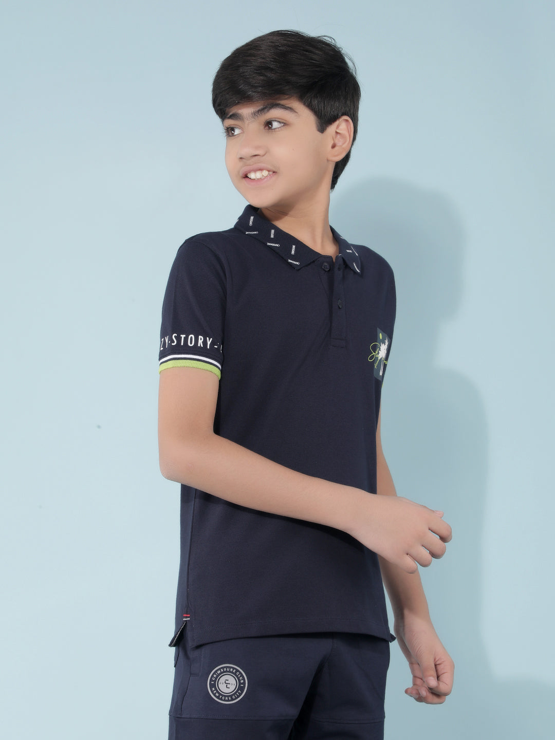 Navy Blue Graphic Print Polo T-Shirt-Boys T-Shirts-Crimsoune Club