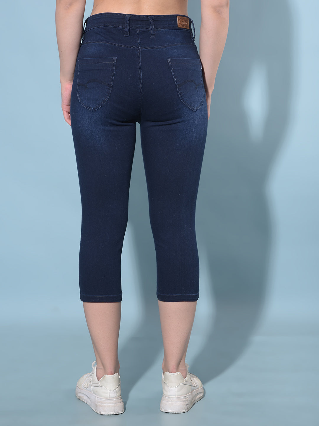 Navy Blue Denim Capris-Women Capris-Crimsoune Club