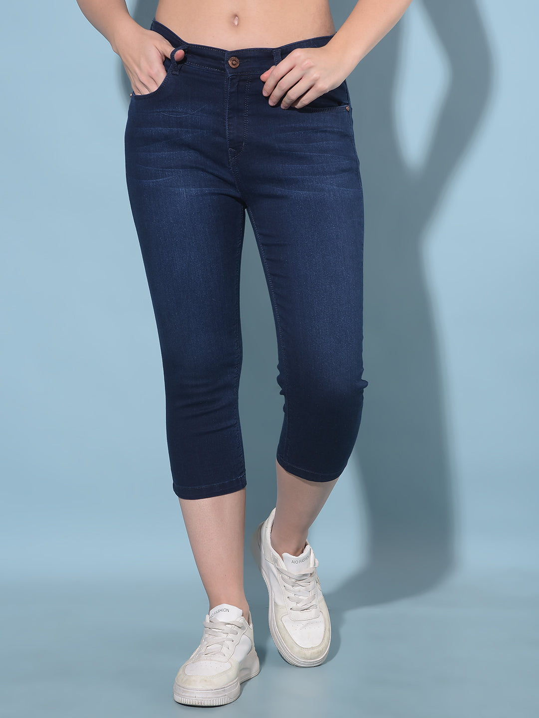 Navy Blue Denim Capris-Women Capris-Crimsoune Club