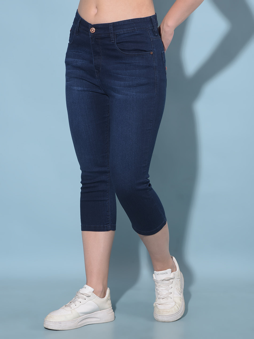 Navy Blue Denim Capris-Women Capris-Crimsoune Club