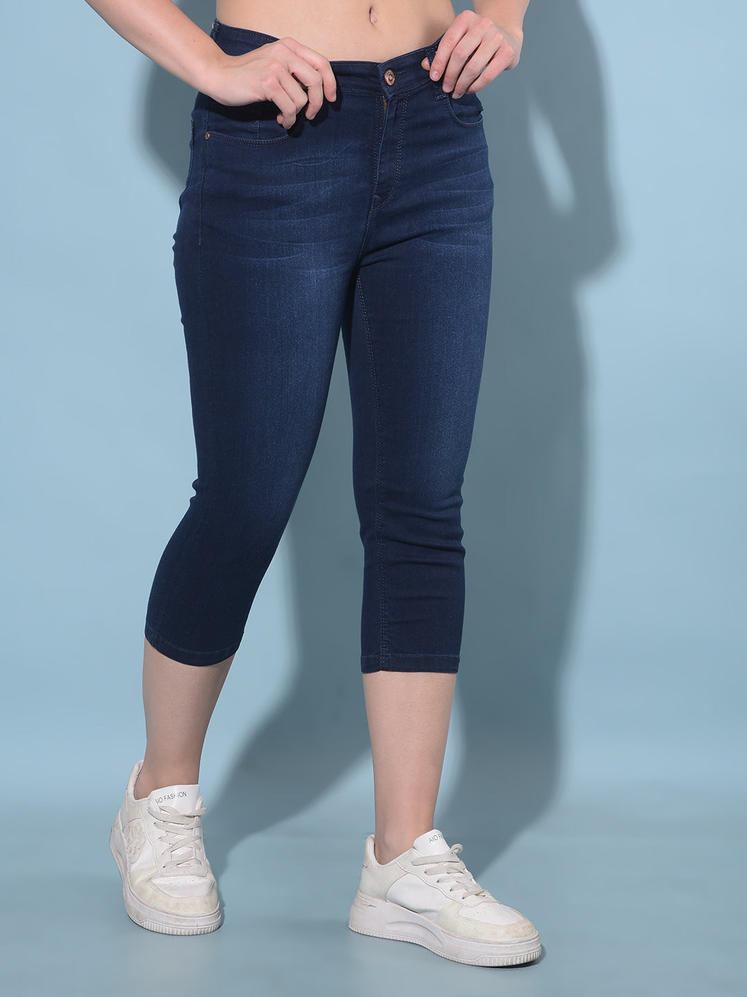 Navy Blue Denim Capris-Women Capris-Crimsoune Club