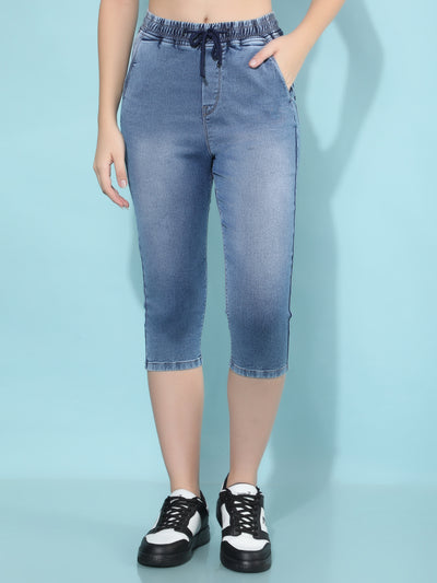 Blue Denim Capris-Women Capris-Crimsoune Club