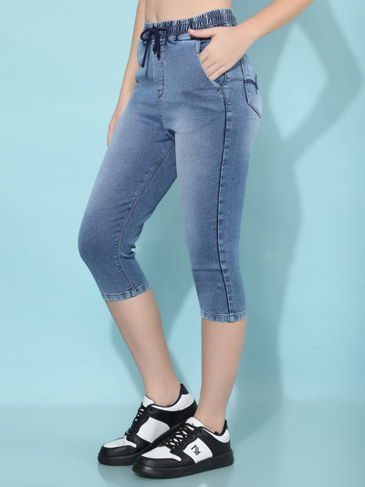 Blue Denim Capris-Women Capris-Crimsoune Club