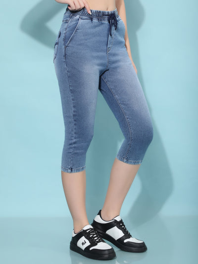 Blue Denim Capris-Women Capris-Crimsoune Club