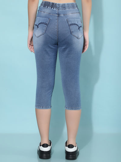 Blue Denim Capris-Women Capris-Crimsoune Club