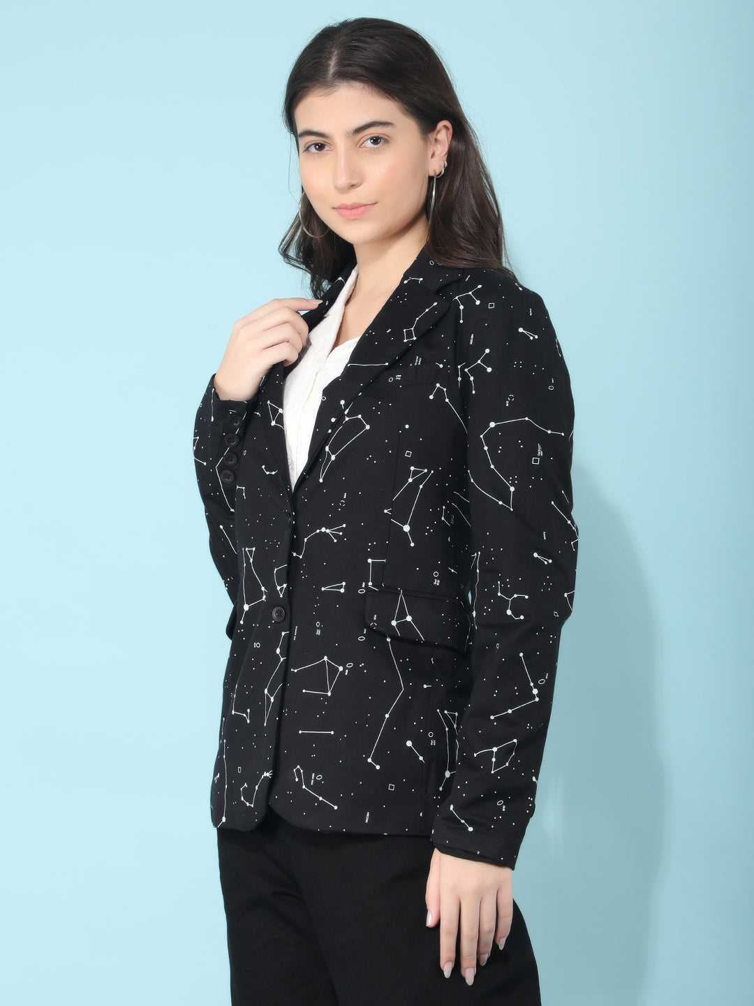 Black Printed Single Breasted Blazer-Women Blazers-Crimsoune Club