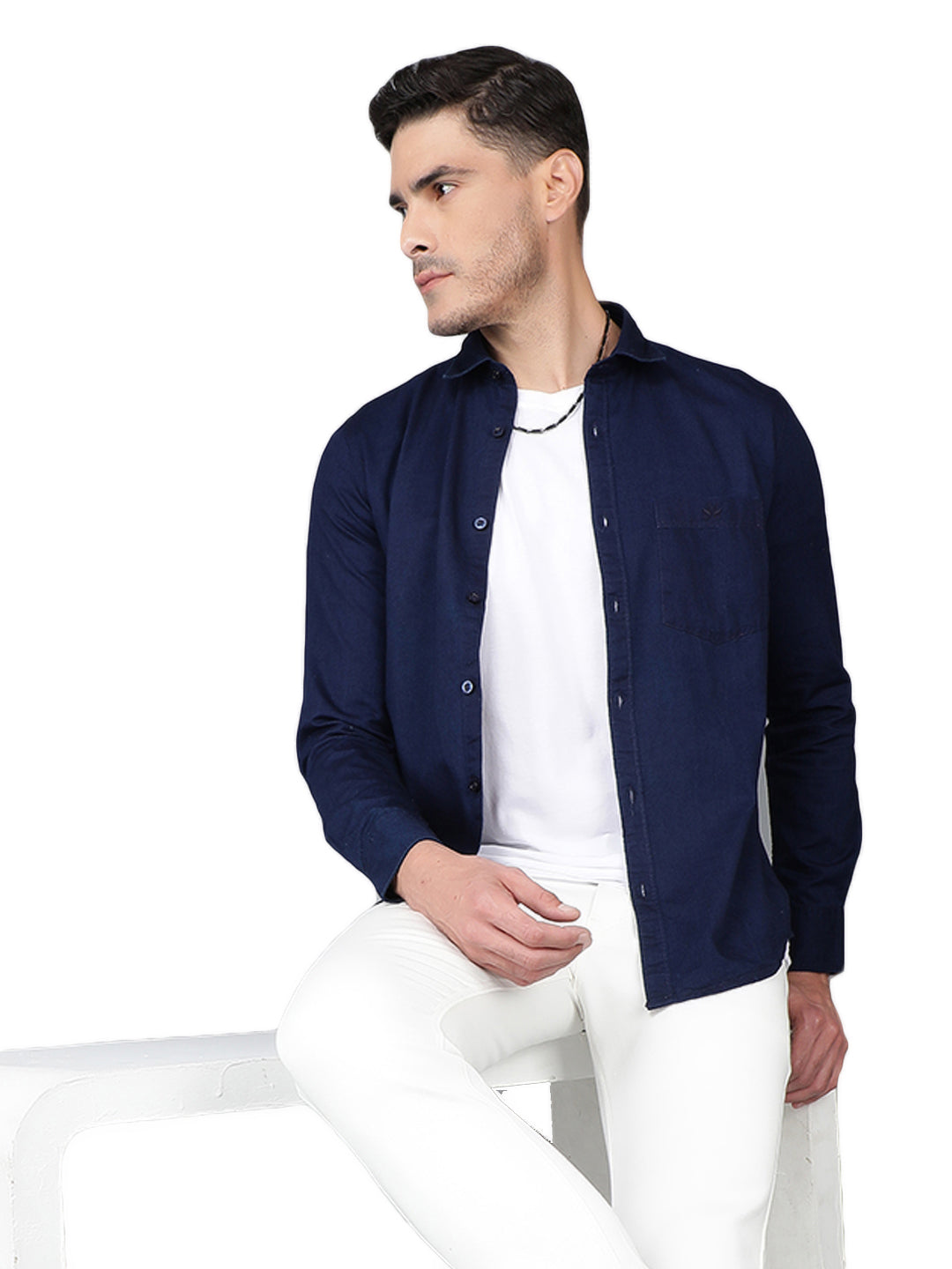 Navy Blue 100% Cotton Denim Shirt-Men Shirts-Crimsoune Club