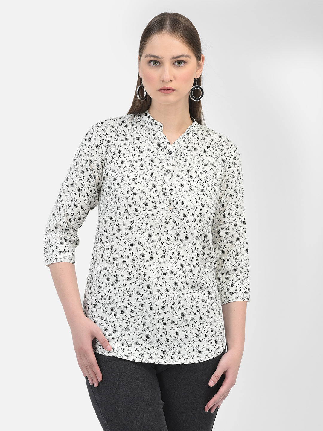 Floral Print White Top-Women Tops-Crimsoune Club