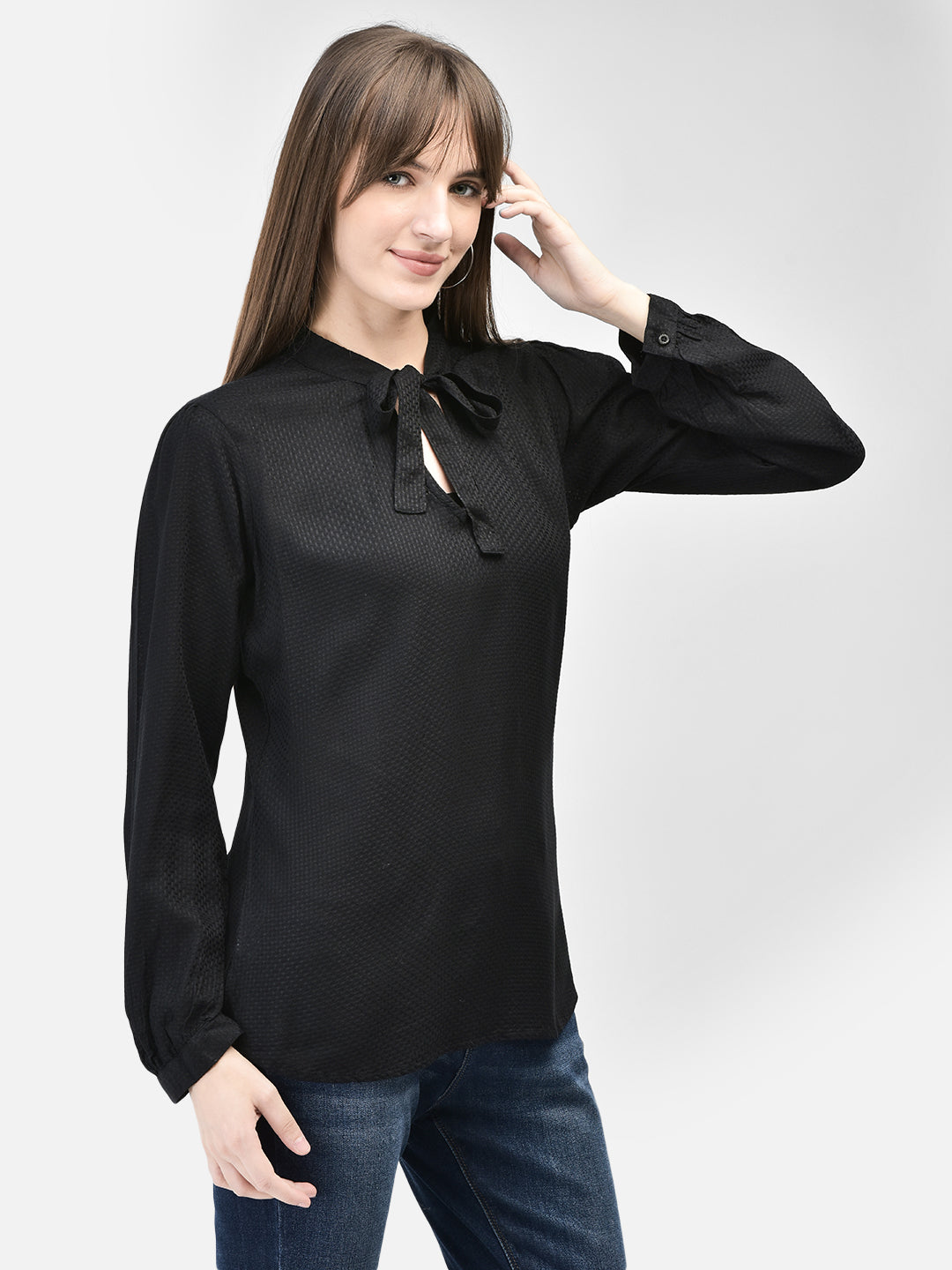 Black Tie-Up Neck Top-Women Tops-Crimsoune Club