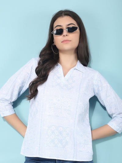 Blue Printed 100% Cotton Top-Women Tops-Crimsoune Club