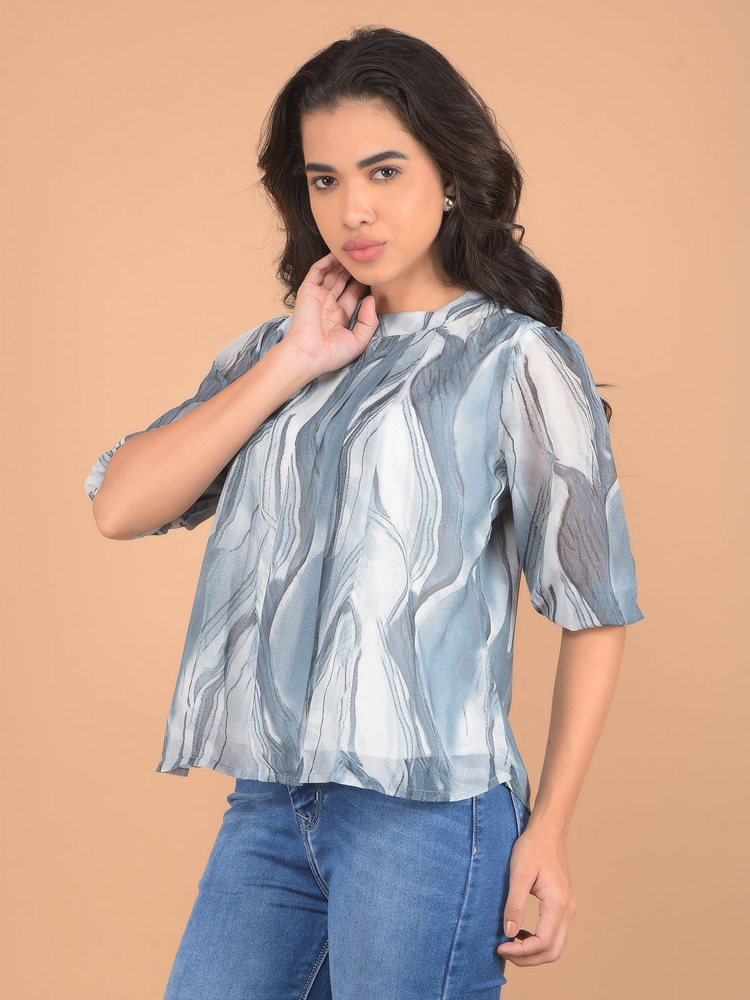 Grey Abstract Print Top-Women Tops-Crimsoune Club